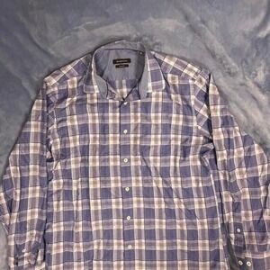 Bugatchi‎ blue plaid button up shirt men Size XL